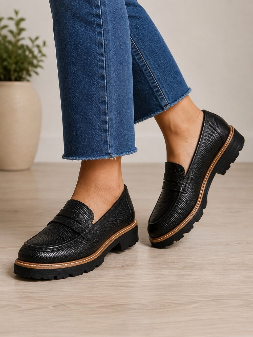 Spring Step Black Textured Chunky Lug Sole Loafers Womens EU 42 US 11 New
